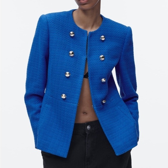 Zara Women Blue High Neck Double Breasted Textured Tailored Cotton Blazer Size M - Picture 3 of 17